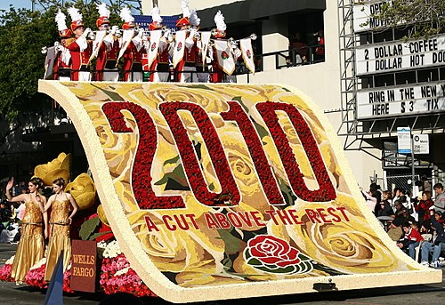 Tournament of Roses Parade float in Pasadena, CA, where goCarBuyer.com buys vehicles for cash in Los Angeles County.
