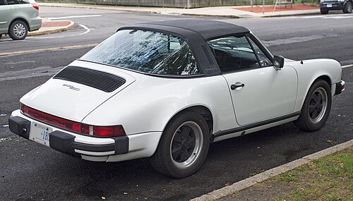 Rear view of 1980s Porsche 911 SC Targa classic car in Southern California, highlighting wide fenders and taillights for classic car buyers in Cypress CA.