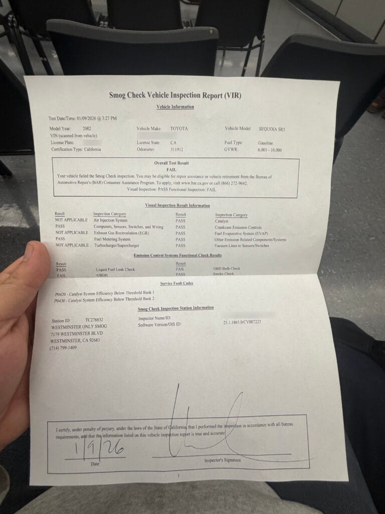 A failed California Smog Check Vehicle Inspection Report showing OBDII trouble codes, a common reason people sell their cars for cash to goCarBuyer in Southern California.