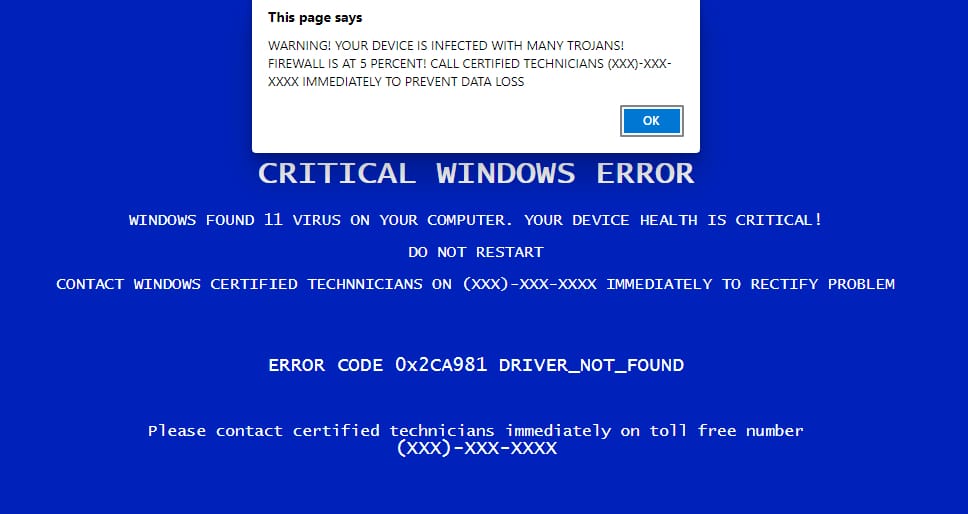 A fake computer virus warning popup. Scammers targeting private car sellers often use malicious links that trigger these fake alerts to steal personal info.