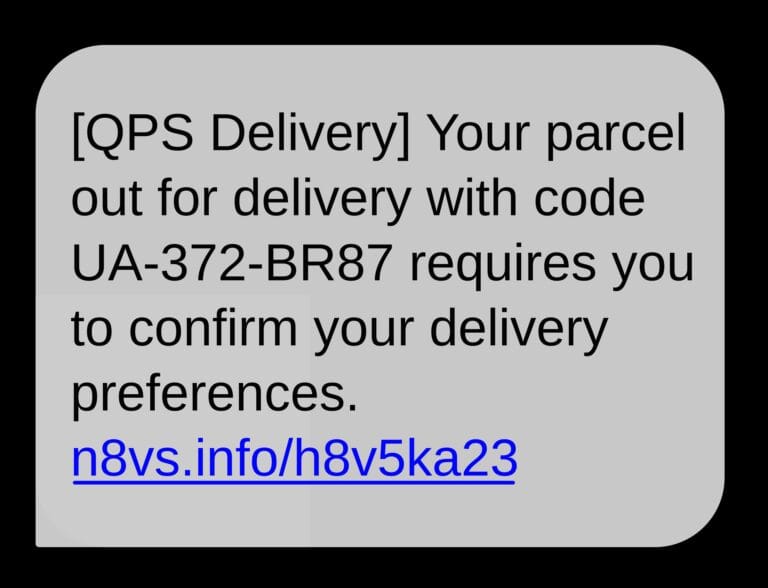 A screenshot of a fake SMS text message containing a phishing link. Scammers send similar malicious text messages to people selling cars privately to steal their financial information.