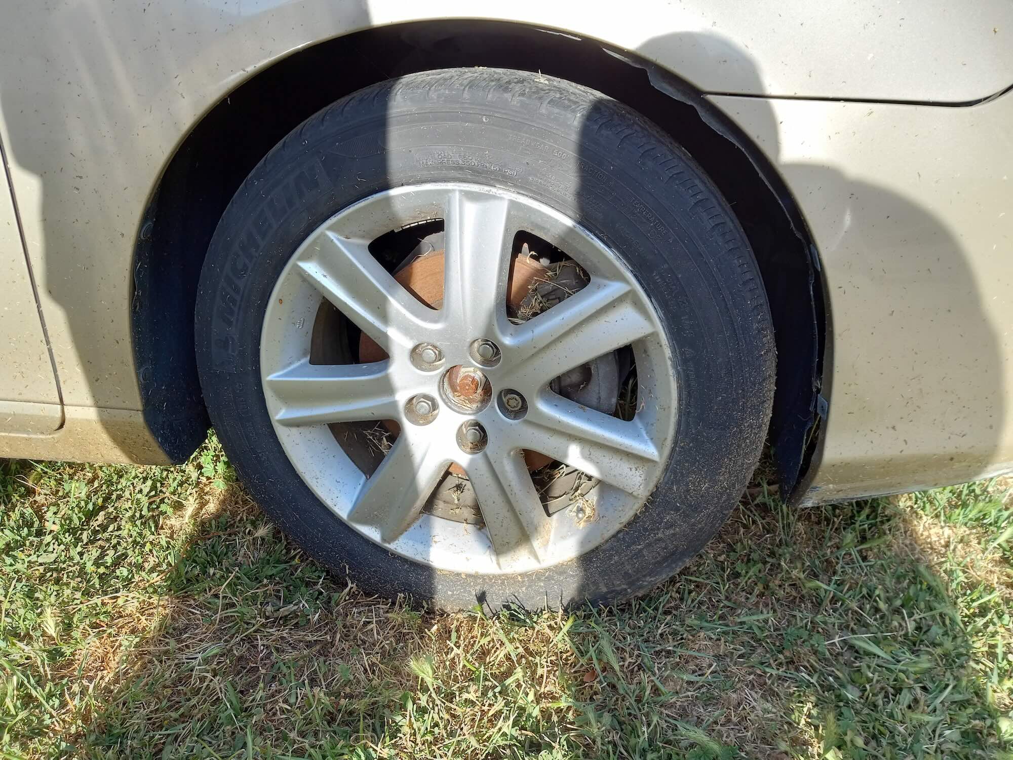 Close up of a car tire and silver alloy wheel parked on grass, showing a heavily rusted brake rotor behind the rim.
