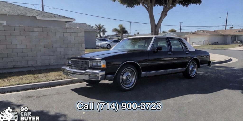 A clean, black classic Chevy Caprice square body parked on a residential street in Orange County. Local SoCal car buyer paying cash for 1977-1990 box Chevys in any condition.