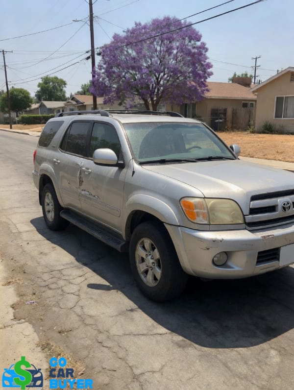 A silver 4th generation Toyota 4Runner with passenger side door damage parked on a residential street in Van Nuys. GoCarBuyer buys used and damaged 4th Gen 4Runners for cash in the San Fernando Valley.