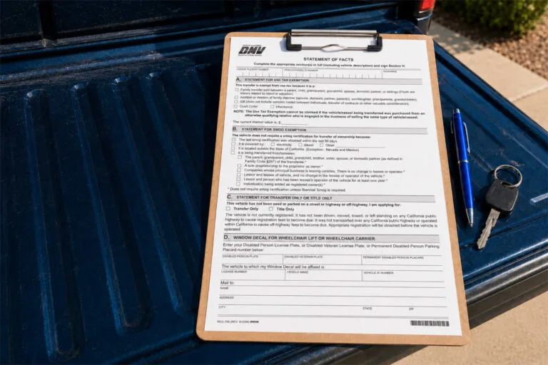 California DMV REG 256 Statement of Facts form on a clipboard with pen and car key, GoCarBuyer
