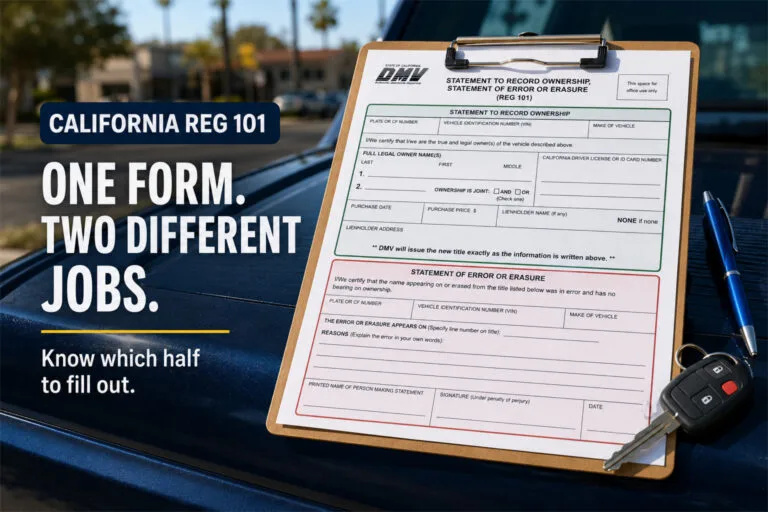 A California DMV REG 101 form on a clipboard resting on the hood of a blue car alongside a vehicle key and pen. The graphic includes text reading "California REG 101: One form. Two different jobs. Know which half to fill out."